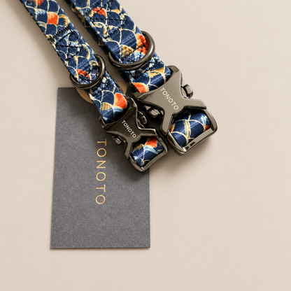 Close-up of koi pattern collar buckle and TONOTO tag