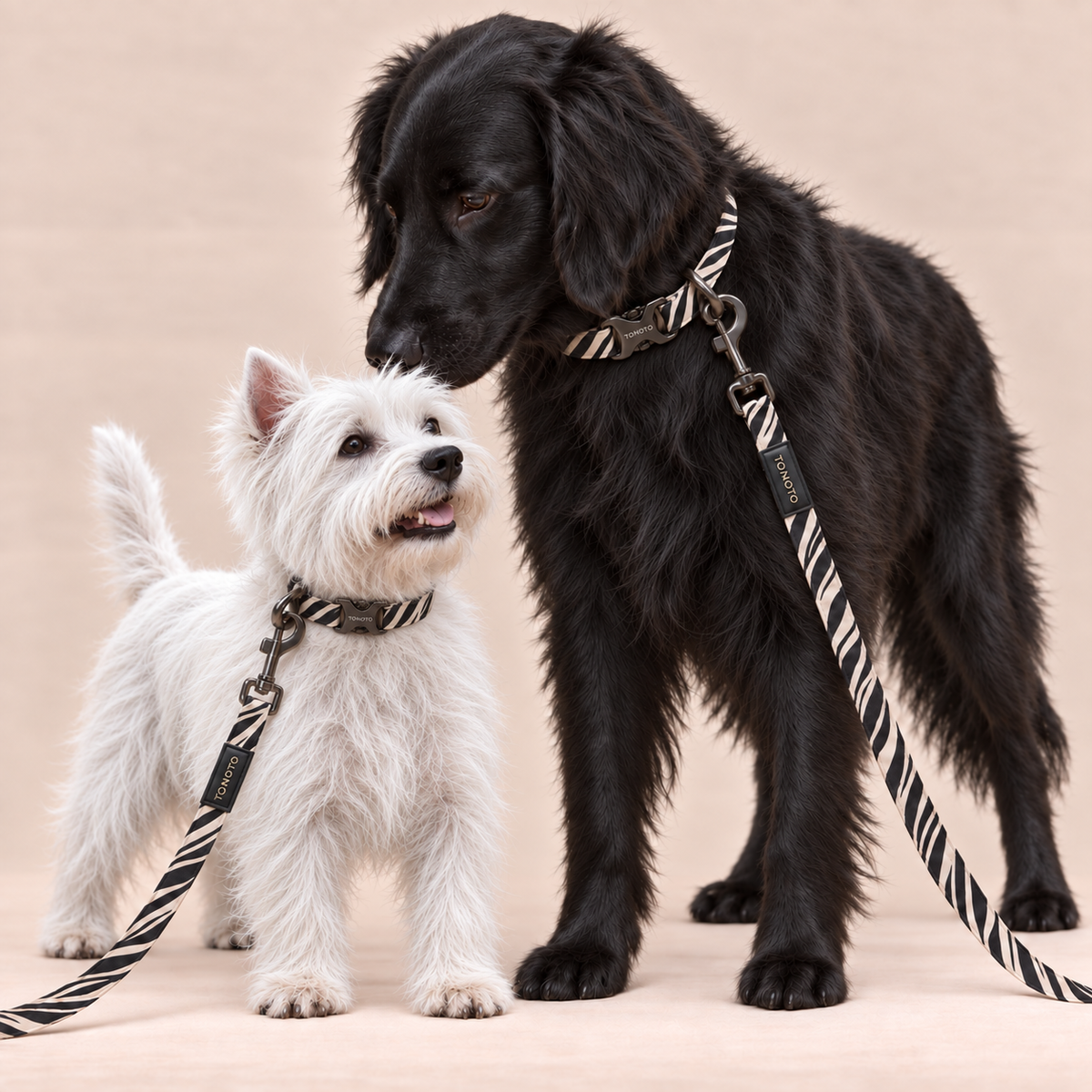 Small white dog and black dog wearing zebra pattern TONOTO collars