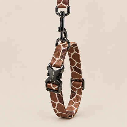 Giraffe pattern dog collar attached to lead
