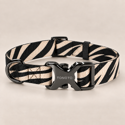 Zebra pattern dog collar with black TONOTO buckle